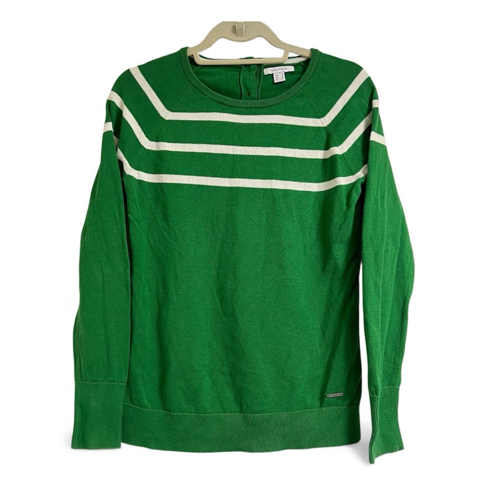 Nautica Green and White Crewneck Sweater Small